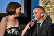 8 November 2014; Referee James McGrath speaking with MC Joanne Cantwell. 2014 National Referees' Awards Banquet, Croke Park, Dublin. Picture credit: Barry Cregg / SPORTSFILE