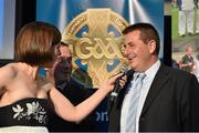 8 November 2014; Referee Brian Gavin, right, and James McGrath, speaking with MC Joanne Cantwell. 2014 National Referees' Awards Banquet, Croke Park, Dublin. Picture credit: Barry Cregg / SPORTSFILE