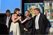 8 November 2014; Referees Barry Kelly, left, James McGrath and Brian Gavin speaking with MC Joanne Cantwell. 2014 National Referees' Awards Banquet, Croke Park, Dublin. Picture credit: Barry Cregg / SPORTSFILE