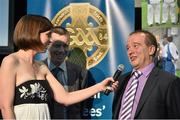 8 November 2014; Referees Eddie Kinsella, right, and Joe McQuillan speaking with MC Joanne Cantwell. 2014 National Referees' Awards Banquet, Croke Park, Dublin. Picture credit: Barry Cregg / SPORTSFILE