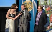 8 November 2014; Referees Joe McQuillan, left, and Eddie Kinsella speaking with MC Joanne Cantwell. 2014 National Referees' Awards Banquet, Croke Park, Dublin. Picture credit: Barry Cregg / SPORTSFILE