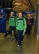 12 November 2014; Ross Munnelly, right, Laois, and Niall Morgan, Tyrone, at Dublin Airport prior to departure for Australia ahead of the International Rules Series. Dublin Airport, Dublin. Picture credit: Ray McManus / SPORTSFILE