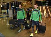 12 November 2014; Michael Murphy, left, Donegal, and Colm Begley, Laois, at Dublin Airport prior to departure for Australia ahead of the International Rules Series. Dublin Airport, Dublin. Picture credit: Ray McManus / SPORTSFILE