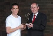 13 June 2007; Tadhg Purcell of Shamrock Rovers is presented with the eircom / Soccer Writers Association of Ireland Player of the Month for May by Padraig Corkery, Head of Sponsorship, eircom, at a luncheon in Dublin. Mount St., Dublin. Picture credit: Brendan Moran / SPORTSFILE