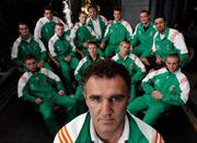 13 June 2007; Billy Walsh, foreground, Ireland boxing head coach, with boxers left to right, Carl Frampton, John Sweeney, Darren Sutherland, Paddy Barnes, Roy Sheehan, Conor Ahern, Zaur Anita, assistant coach, John Joe Joyce, Eric Donovan, Cathal McMonagle, Kenneth Egan and Ryan Lindberg, at the announcement that EU Boxing Championships in conjunction with the Irish Amateur Boxing Association and Irish Sports Council is to be held at the National Stadium between the 13th June to the 23rd June. Trinity Capital Hotel, Dublin. Picture credit: David Maher / SPORTSFILE