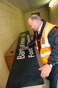 17 June 2007; A steward cleans the sign for the team photographs before the start of the game. Bank of Ireland Ulster Senior Football Championship Semi-Final, Tyrone v Donegal, St Tighearnach's Park, Clones, Co Monaghan. Photo by Sportsfile