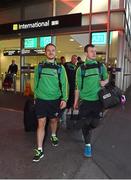 13 November 2014; Ireland's Ross Munnelly, left, Laois, and Colm Boyle, Mayo, arrive in Australia ahead of the International Rules Series. Melbourne Airport, Melbourne, Australia. Picture credit: Ray McManus / SPORTSFILE