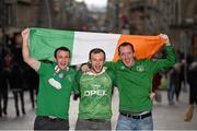 13 November 2014; Republic of Ireland supporters, from left, Conor and Ryan Higgins, from Drumshanbo, Co. Leitrim, and Adrian Murphy, from Rathmore, Co. Kerry, in Glasgow city centre ahead of their UEFA EURO 2016 Championship Qualifer Group D game against Scotland on Friday. Glasgow, Scotland. Picture credit: Stephen McCarthy / SPORTSFILE