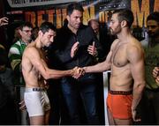 14 November 2014; Matthew Macklin, right, and Jorge Sebastien Heiland shake hands after weighing in ahead of their WBC International Middleweight Title Fight. Citywest Hotel, Saggart, Co. Dublin. Picture credit: Ramsey Cardy / SPORTSFILE