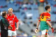 24 June 2007; Brian Duffy, Louth, and Brendan Murphy, Carlow, are sent off by referee Eddie Kinsella. ESB Leinster Minor Football Championship Semi-Final, Carlow v Louth, Croke Park, Dublin. Picture credit: Matt Browne / SPORTSFILE