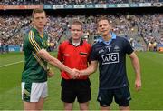 20 July 2014; Referee Padraig Hughes with captains Kevin O'Reilly, left, Meath, and Stephen Cluxton, Dublin, before the game. Leinster GAA Football Senior Championship Final, Dublin v Meath, Croke Park, Dublin. Picture credit: Ray McManus / SPORTSFILE