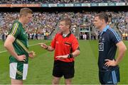 20 July 2014; Referee Padraig Hughes with captains Kevin O'Reilly, left, Meath, and Stephen Cluxton, Dublin, during the pre-match coin toss. Leinster GAA Football Senior Championship Final, Dublin v Meath, Croke Park, Dublin. Picture credit: Ray McManus / SPORTSFILE