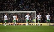 14 November 2014; Dejected Republic of Ireland players, from left, Stephen Quinn, Seamus Coleman, Richard Keogh, Jeff Hendrick, Jon Walters and John O'Shea after Shaun Maloney, Scotland, had scored his side's first goal. UEFA EURO 2016 Championship Qualifier, Group D, Scotland v Republic of Ireland, Celtic Park, Glasgow, Scotland. Picture credit: David Maher / SPORTSFILE