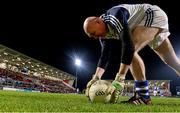 15 November 2014; General view of Sean MNcGreevy lifting the ball for a kick out. #GameForAnto, Ulster Allstars XV v Dublin 2013 team, Kingspan Stadium, Ravenhill Park, Belfast, Co. Antrim. Picture credit: Oliver McVeigh / SPORTSFILE