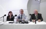 25 June 2007; President of the GAA Nickey Brennan, in the company of Teresa Rehill, Secretary of the Competition Controls Committee and Jimmy Dunne, right, Chairman of the Competitions Control Committee, speaking at a press briefing in relation to disciplinary matters and procedures within the GAA. Croke Park, Dublin. Picture credit: Brendan Moran / SPORTSFILE