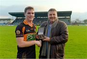 16 November 2014; Greg Horan, Austin Stacks, is presented with the AIB man of the match award by Sean Healy, Regional Director, AIB. AIB Munster GAA Football Senior Club Championship Semi-Final, AIB Man of the Match Austin Stacks v Ballincollig, Austin Stack Park, Tralee, Co. Kerry. Picture credit: Diarmuid Greene / SPORTSFILE