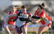 16 November 2014; Geraldine McLoughlin, Termon, in action against Sarah Gormally and Aisling Walsh, Kilkerrin-Clonberne. TESCO HomeGrown All-Ireland Ladies Football Senior Club Championship Semi-Final, Kilkerrin-Clonberne v Termon, Clonberne GAA Pitch, Clonberne, Co. Galway. Picture credit: Ray Ryan / SPORTSFILE