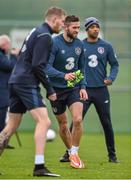 17 November 2014; Republic of Ireland's Daryl Murphy, centre, alongside James McClean and David McGoldrick,  during squad training ahead of their side's international friendly match against the USA on Tuesday. Republic of Ireland Squad Training, Gannon Park, Malahide, Co. Dublin. Picture credit: David Maher / SPORTSFILE