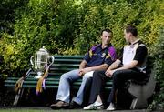26 June 2006; Nigel Higgins, left, Wexford captain, in conversation with Jackie Tyrrell from Kilkenny, alongside the Bob O’Keeffe Cup ahead of the Guinness Leinster Hurling Final, which takes place this Sunday 1st July in Croke Park. Throw in on Sunday is at 4pm. Merrion Square, Dublin. Picture credit: Brendan Moran / SPORTSFILE