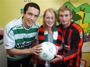 27 June 2007; John Paul Kelly, right, Bohemians, and Tadhg Purcell, Shamrock Rovers, with Katie Kelly, age 13, from Dublin, on a visit to Temple Street Children's University Hospital, in advance of their eircom League of Ireland fixture in Tolka Park this coming friday. Temple Street, Dublin. Picture credit: Brian Lawless / SPORTSFILE