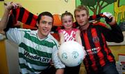 27 June 2007; John Paul Kelly, right, Bohemians, and Tadhg Purcell, Shamrock Rovers, with Nicole Byrne, age 8, from Dublin, on a visit to Temple Street Children's University Hospital, in advance of their eircom League of Ireland fixture in Tolka Park this coming friday. Temple Street, Dublin. Picture credit: Brian Lawless / SPORTSFILE