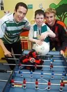 27 June 2007; John Paul Kelly, right, Bohemians, and Tadhg Purcell, Shamrock Rovers, with Ciaran Reynolds, age 10, from Leitrim, on a visit to Temple Street Children's University Hospital, in advance of their eircom League of Ireland fixture in Tolka Park this coming friday. Temple Street, Dublin. Picture credit: Brian Lawless / SPORTSFILE