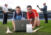 28 June 2007; Bainisteoir - Hurling ©, the first ever hurling strategy game was launched today in Croke Park by Tipperary software company Tailteann Games. At the launch are Dublin hurler John McCaffrey and Cork hurler Ronan Curran, with Former Tipperary All Star Nicky English, left, and Paudie Butler, National Hurling Development Officer. Croke Park, Dublin. Picture credit: Brian Lawless / SPORTSFILE