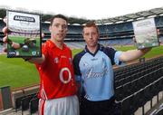 28 June 2007; Bainisteoir - Hurling ©, the first ever hurling strategy game, was launched today in Croke Park by Tipperary software company Tailteann Games. At the launch are hurling stars Ronan Curran, Cork, and Dublin's John McCaffrey. Croke Park, Dublin. Picture credit: Brian Lawless / SPORTSFILE