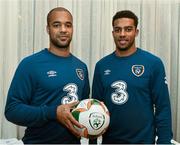 17 November 2014; Republic of Ireland's David McGoldrick, left, and Cyrus Christie who will make their senior debuts in Tuesday's friendly match at home to the USA. Portmarnock Hotel and Golf Links, Co. Dublin. Picture credit: David Maher / SPORTSFILE