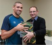 17 November 2014; Jonathan Walters is presented with his senior international cap by Republic of Ireland manager Martin O'Neill. Republic of Ireland Squad Caps Presentation, Portmarnock Hotel & Golf Links, Portmarnock, Co. Dublin Picture credit: David Maher / SPORTSFILE