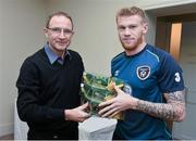 17 November 2014; James McClean is presented with his senior international cap by Republic of Ireland manager Martin O'Neill. Republic of Ireland Squad Caps Presentation, Portmarnock Hotel & Golf Links, Portmarnock, Co. Dublin Picture credit: David Maher / SPORTSFILE