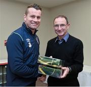 17 November 2014; Shay Given is presented with his senior international cap by Republic of Ireland manager Martin O'Neill. Republic of Ireland Squad Caps Presentation, Portmarnock Hotel & Golf Links, Portmarnock, Co. Dublin Picture credit: David Maher / SPORTSFILE