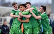 18 November 2014; Reece Grego-Cox, 7, Republic of Ireland, celebrates with team-mates after scoring the first goal against Switzerland. UEFA European U19 Championship 2014/15, Qualifying Round, Republic of Ireland v Switzerland. Regional Sports Centre, Waterford. Picture credit: Matt Browne / SPORTSFILE