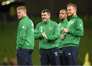 18 November 2014; Republic of Ireland assistant manager Roy Keane with, from left, James McClean,  David McGoldrick, and Alex Pearce, before the game. International Friendly, Republic of Ireland v USA, Aviva Stadium, Lansdowne Road, Dublin. Picture credit: Pat Murphy / SPORTSFILE