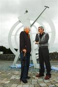 2 July 2007; Ryder Cup hero and European Team Vice-Captain for 2008, Paul McGinley, with Gay Byrne, chairperson of the new Road Safety Authority at the unveiling of the newly commissioned sculpture known as ‘The Swing’. The Sculpture was commissioned by Oliver Barry, owner of Hollystown Golf Club in conjunction with Fingal County Council to mark the development of the Hollystown Area over the past 10 years and to celebrate the 15th Birthday of Hollystown Golf Club on July 4th. Hollystown Golf Roundabout, Blanchardstown, Dublin. Picture credit: David Maher / SPORTSFILE