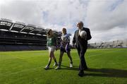 2 July 2007; An Taoiseach Bertie Ahern, T.D., with Meath captain Sínead Dooley, left, and Dublin's Fiona Corcoranat the 2007 launch of the TG4 All-Ireland Ladies Football Championship. Croke Park, Dublin. Picture credit: Ray McManus / SPORTSFILE