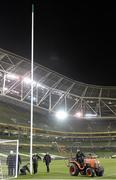 18 November 2014; A general view of groundsmen erecting the goal post for the rugby international at the weekend after tonights game. International Friendly, Republic of Ireland v USA, Aviva Stadium, Lansdowne Road, Dublin. Picture credit: Barry Cregg / SPORTSFILE
