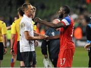 18 November 2014; Republic of Ireland captain David Meyler, left, shakes hands with USA captain Jozy Altidore after the final whistle. International Friendly, Republic of Ireland v USA, Aviva Stadium, Lansdowne Road, Dublin. Picture credit: Cody Glenn / SPORTSFILE