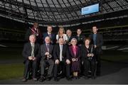 19 November 2014; Minister of State for Tourism and Sport Michael Ring T.D, today announced the winners of the National Volunteers in Sport Awards at an awards ceremony in the Aviva Stadium. Pictured at the announcement are award winners, back row, from left, Patrick Akpoveta, Youth Coach Award, Dublin, Tony Hehir, Adult Manager Award, Limerick, Danielle Keane, Community Administrator Award, Laois, Tony Cummins, Adult Coach Award, Waterford, Shane Carolan, Disabilities Sport Volunteer Award, Dublin, and Paddy Christie, Youth Manager Award, Dublin. Front row, from left, Sean Naughton, Lifetime Achievement Award, Tipperary, Ernie Deacy, Sporting Official Award, Minister of State for Tourism and Sport Michael Ring T.D, Peggy Mason, Special Recognition Award, Dublin, and Mary Sharp, National Administrator Award, Dublin. The Volunteers in Sport Awards 2014 are presented by the Department of Transport, Tourism & Sport, the Irish Sports Council the Federation of Irish Sport and the Community Foundation of Ireland. Volunteers in Sports Awards 2014, Aviva Stadium, Lansdowne Road, Dublin. Picture credit: Pat Murphy / SPORTSFILE