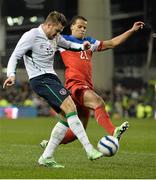 18 November 2014; Anthony Pilkington, Republic of Ireland, in action against Timmy Chandier, USA. International Friendly, Republic of Ireland v USA, Aviva Stadium, Lansdowne Road, Dublin. Picture credit: David Maher / SPORTSFILE