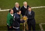 18 November 2014; John O'Shea is presented with his 100th cap by Republic of Ireland manager Martin O'Neill. International Friendly, Republic of Ireland v USA, Aviva Stadium, Lansdowne Road, Dublin. Picture credit: Barry Cregg / SPORTSFILE