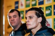 20 November 2014; Australia's Matt Toomua, right, with head coach Michael Cheika during a press conference ahead of their side's Guinness Series match against Ireland on Saturday. Australia Rugby Press Conference, Fitzpatricks Castle Hotel, Killiney, Co. Dublin. Picture credit: Matt Browne / SPORTSFILE