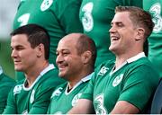 21 November 2014; Ireland's Jamie Heaslip with his team-mates Rory Best and Jonathan Sexton during the team photograph before squad training ahead of their side's Guinness Series match against Australia on Saturday. Ireland Rugby Squad Training, Aviva Stadium, Lansdowne Road, Dublin. Picture credit: Matt Browne / SPORTSFILE