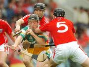 7 July 2007; Sean Ryan, Offaly, is tackled by Ben O'Connor, right, and John Gardiner, Cork. Guinness All-Ireland Senior Hurling Championship Qualifier, Group 1B, Round 2, Cork v Offaly, Pairc Ui Chaoimh, Cork. Photo by Sportsfile