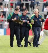7 July 2007; Meath manager Colm Coyle, centre, at halftime with Paul Clarke, team statistician, and Dudley Farrell, assistant manager. Bank of Ireland All-Ireland Senior Football Championship Qualifier, Round 1, Down v Meath, Pairc Esler, Newry, Co. Down. Picture credit: Oliver McVeigh / SPORTSFILE