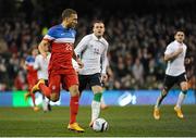 18 November 2014; USA's Fabian Johnson advances the ball on Republic of Ireland's Anthony Stokes. International Friendly, Republic of Ireland v USA, Aviva Stadium, Lansdowne Road, Dublin. Picture Credit: Cody Glenn / SPORTSFILE