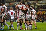 21 November 2014; Ulster's Franco van der Merwe, 5, is congratulated by team mates after scoring his side's second try. Guinness PRO12, Round 8, Ulster v Ospreys. Kingspan Stadium, Ravenhill Park, Belfast, Co. Antrim. Picture credit: Oliver McVeigh / SPORTSFILE