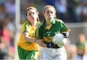 21 September 2014; Éabha Coleman, Mount Anville PS, Co. Dublin, representing Kerry, in action against Erin Forbes, St. Patrick’s PS, Co Tyrone, representing Donegal, during the INTO/RESPECT Exhibition GoGames. Croke Park, Dublin. Picture credit: Stephen McCarthy / SPORTSFILE