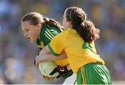 21 September 2014; Ciara Quinn, Monksland NS, Co. Louth, representing Kerry, in action against Orla McGonigle, St Colmcille’s PS, Co. Derry,representing Donegal, during the INTO/RESPECT Exhibition GoGames. Croke Park, Dublin. Picture credit: Stephen McCarthy / SPORTSFILE