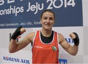 23 November 2014; Katie Taylor, Ireland, celebrates after beating Junhua Yin, China, in their semi-final bout. 2014 AIBA Elite Women's World Boxing Championships, Jeju, Korea. Photo by Sportsfile